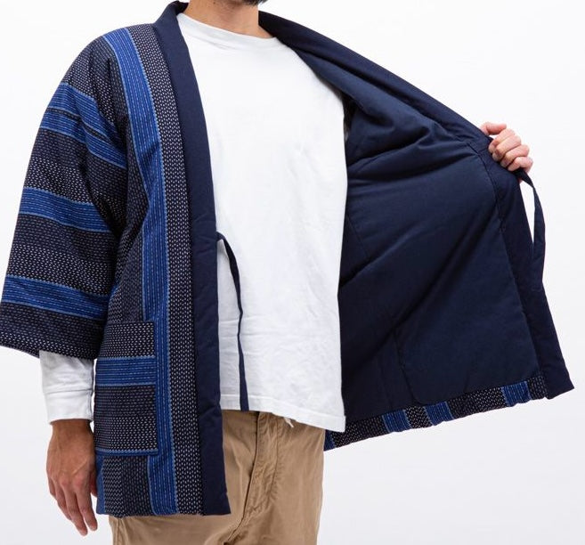 Hanten Dobi Strip Sashiko Winter Jacket for Men Free Size- Made in Japan