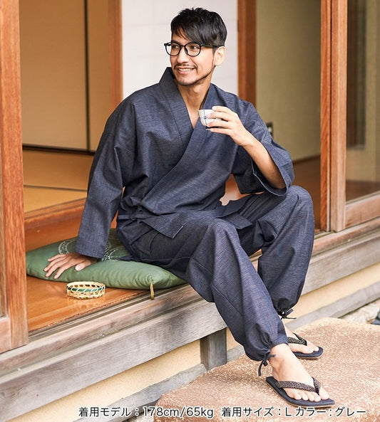 Japanese Samue in Premium Cotton Blue and Gray Kurume - “Made in Japan”