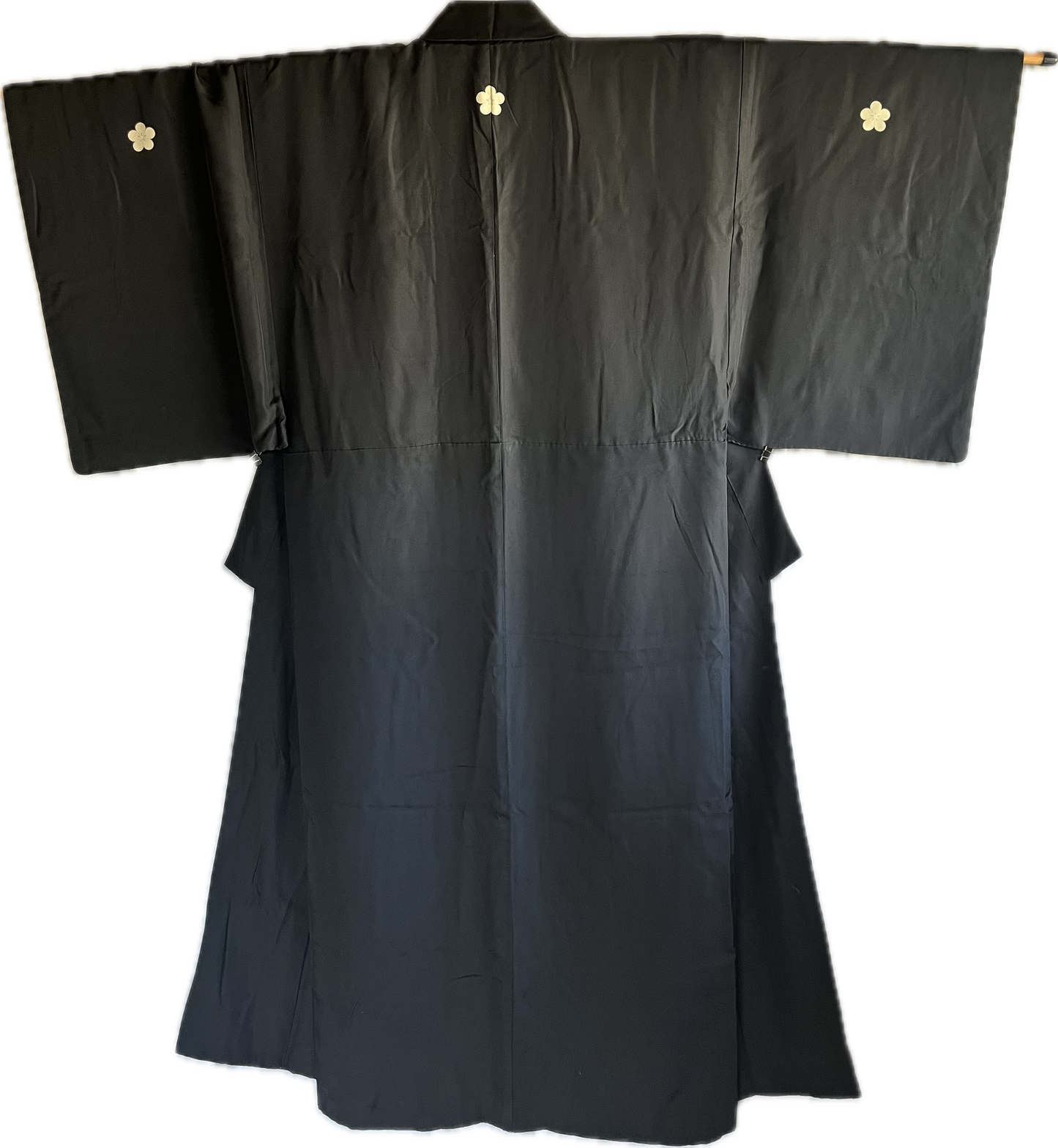 Antique Japanese Formal Kimono Black Habutae Silk with 5 Ume Kamon Crests