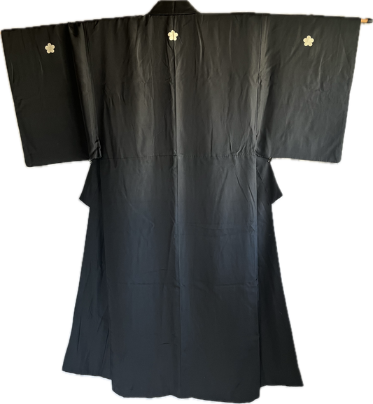 Antique Japanese Formal Kimono Black Habutae Silk with 5 Ume Kamon Crests