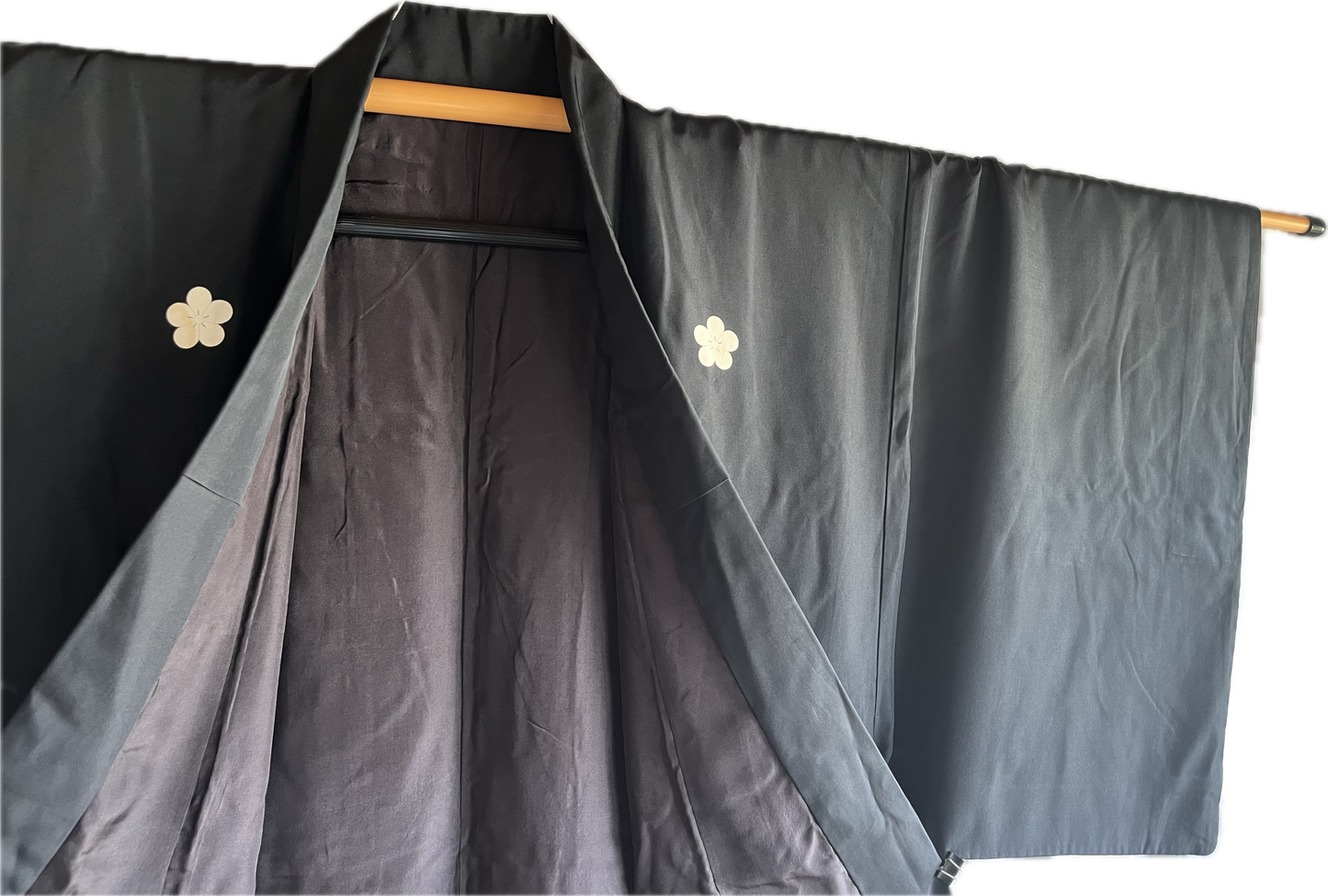 Antique Japanese Formal Kimono Black Habutae Silk with 5 Ume Kamon Crests