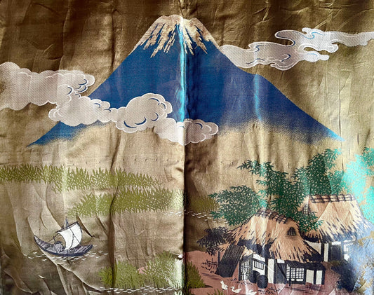 Antique Japanese Haori Black Silk Montsuki with Fuji San and Kayabuki