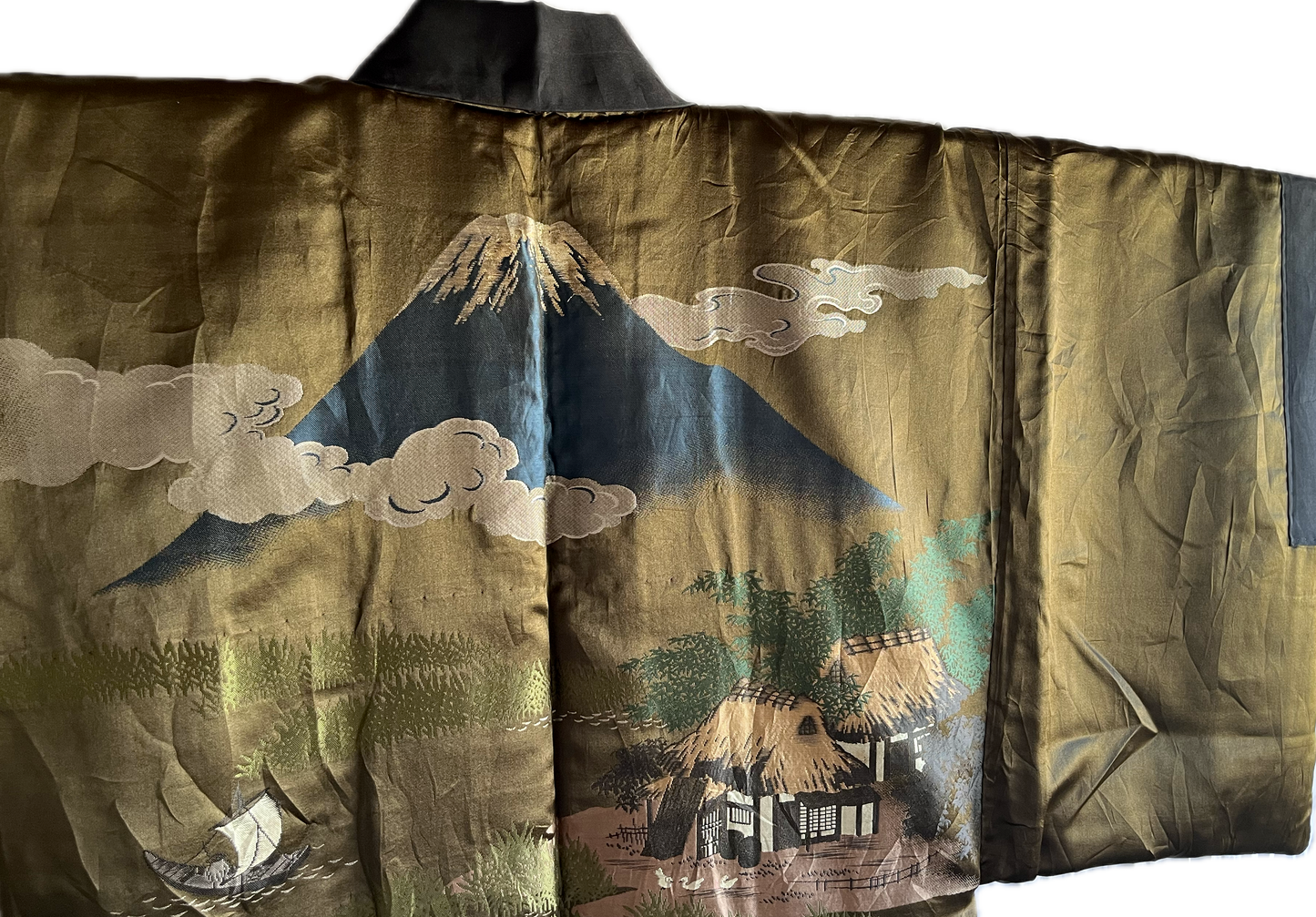 Antique Japanese Haori Black Silk Montsuki with Fuji San and Kayabuki