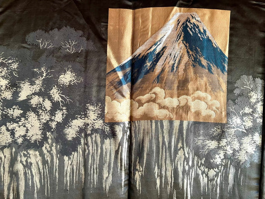 Antique Japanese Haori Men’s Black Silk Sagarifuji Montsuki - Fuji Waterfall
