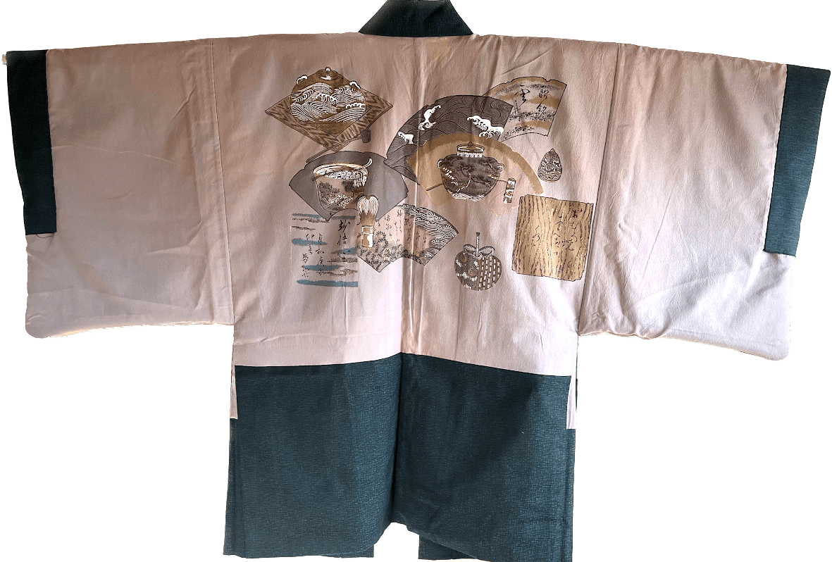 Antique Japanese Haori for men Blue Indigo Tsumugi Silk “Sado Ceremony”