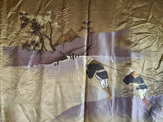 Antique Men’s Haori – Black Silk – TakanoHane Montsuki – Japanese Rural Landscape