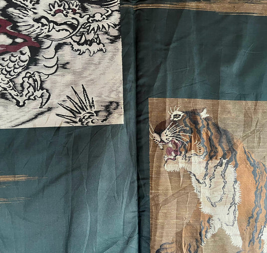 Men's Antique Japanese Haori Jacket Black Silk Mokkou Montsuki Dragon VS Tiger