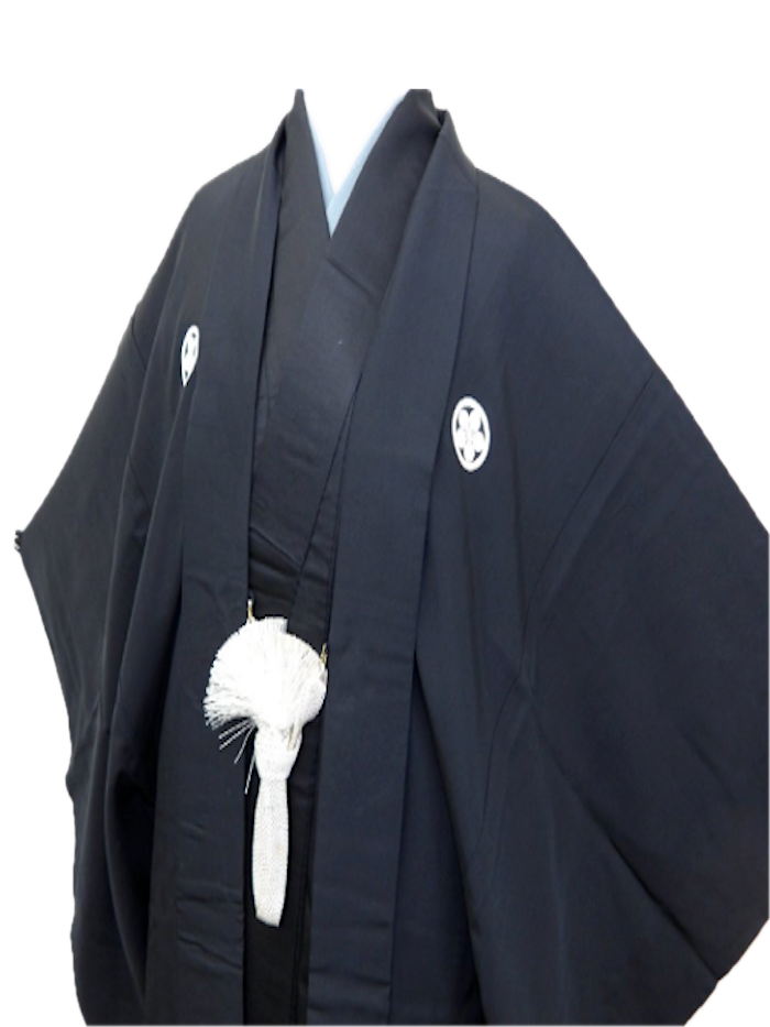 Men's Kimono and Haori Set Black Habutae Silk with 5 Kamon “Maru ni Umebachi”