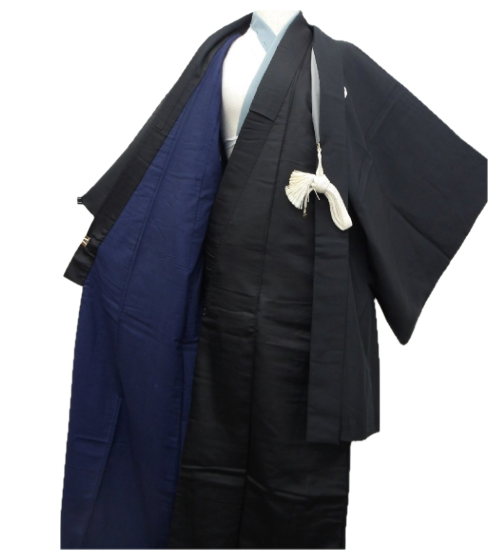 Men's Kimono and Haori Set Black Habutae Silk with 5 Kamon “Maru ni Umebachi”