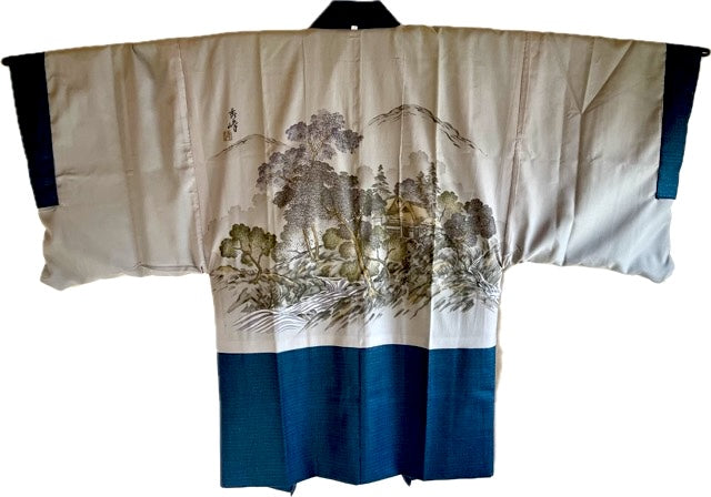 Men's Japanese Haori Blue Silk Thatched Roof House