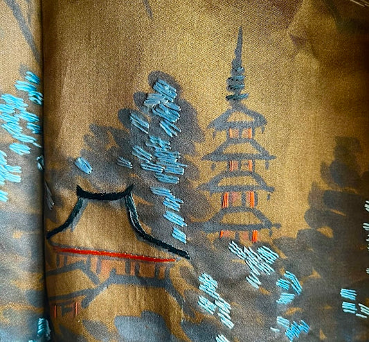 Antique Japanese Men’s Haori - Black Silk Katabami Montsuki with Horyuji Temple