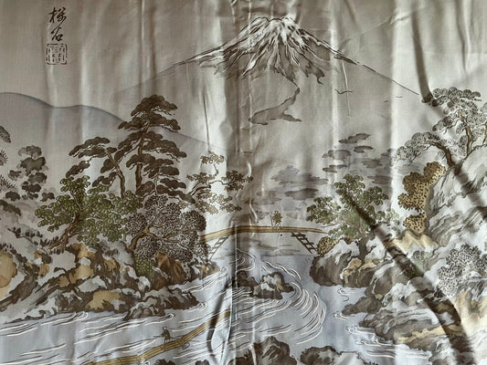 Japanese Men's Haori Blue Silk with Mount Fuji and River View