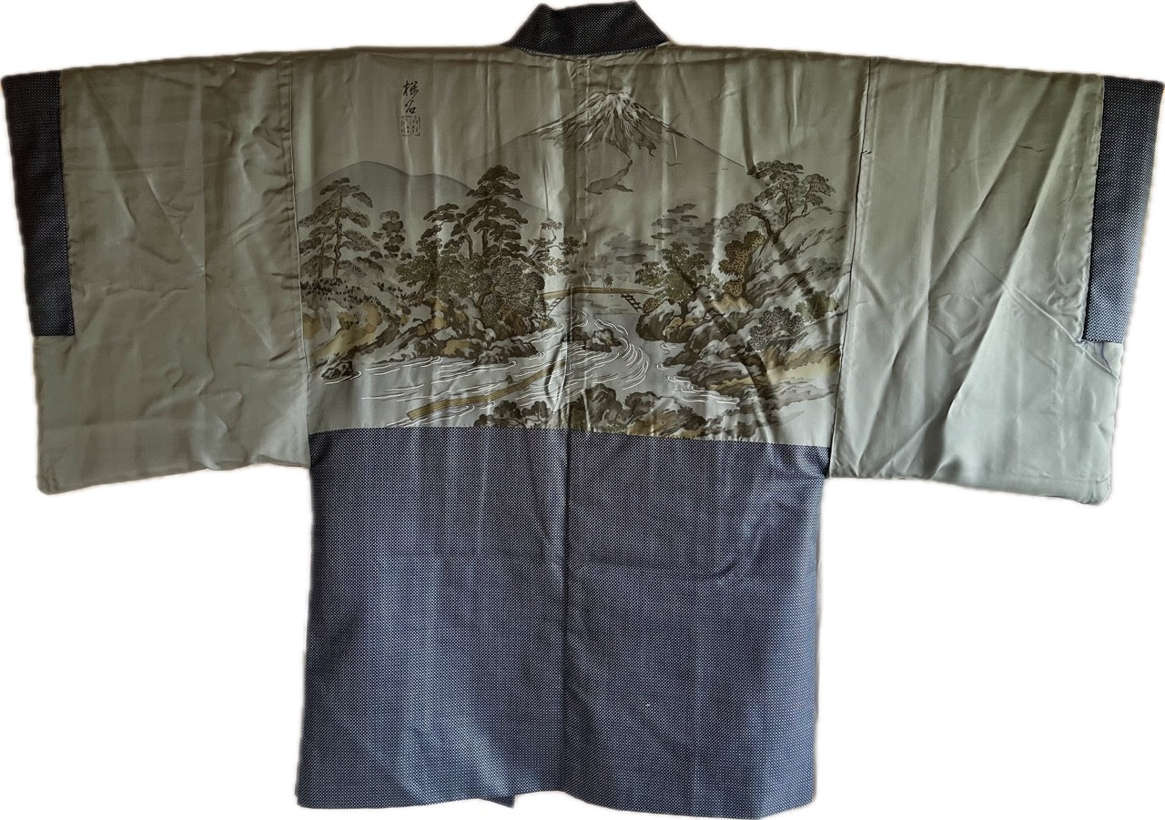 Japanese Men's Haori Blue Silk with Mount Fuji and River View