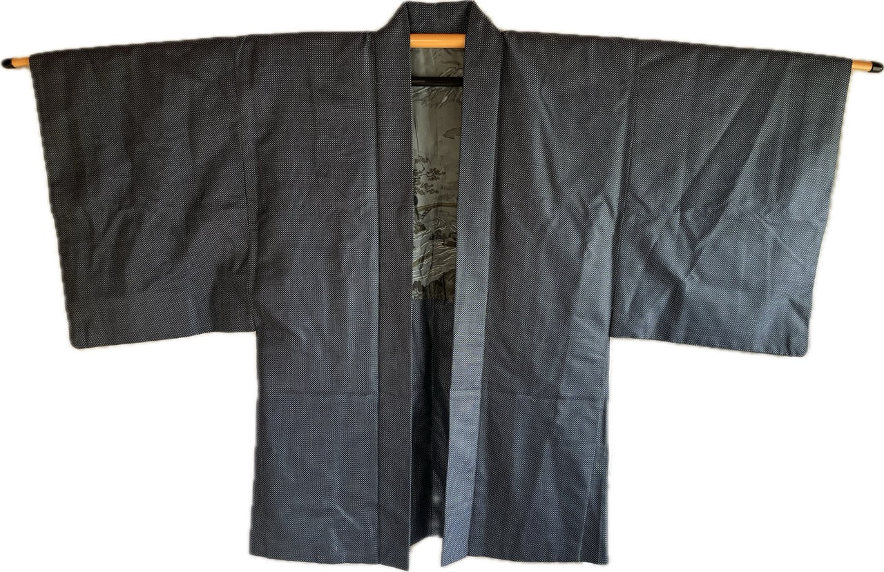 Japanese Men's Haori Blue Silk with Mount Fuji and River View