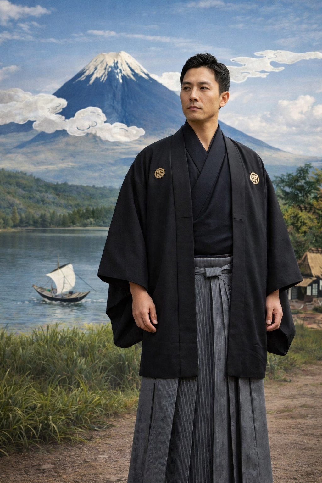 Antique Japanese Haori Black Silk Montsuki with Fuji San and Kayabuki