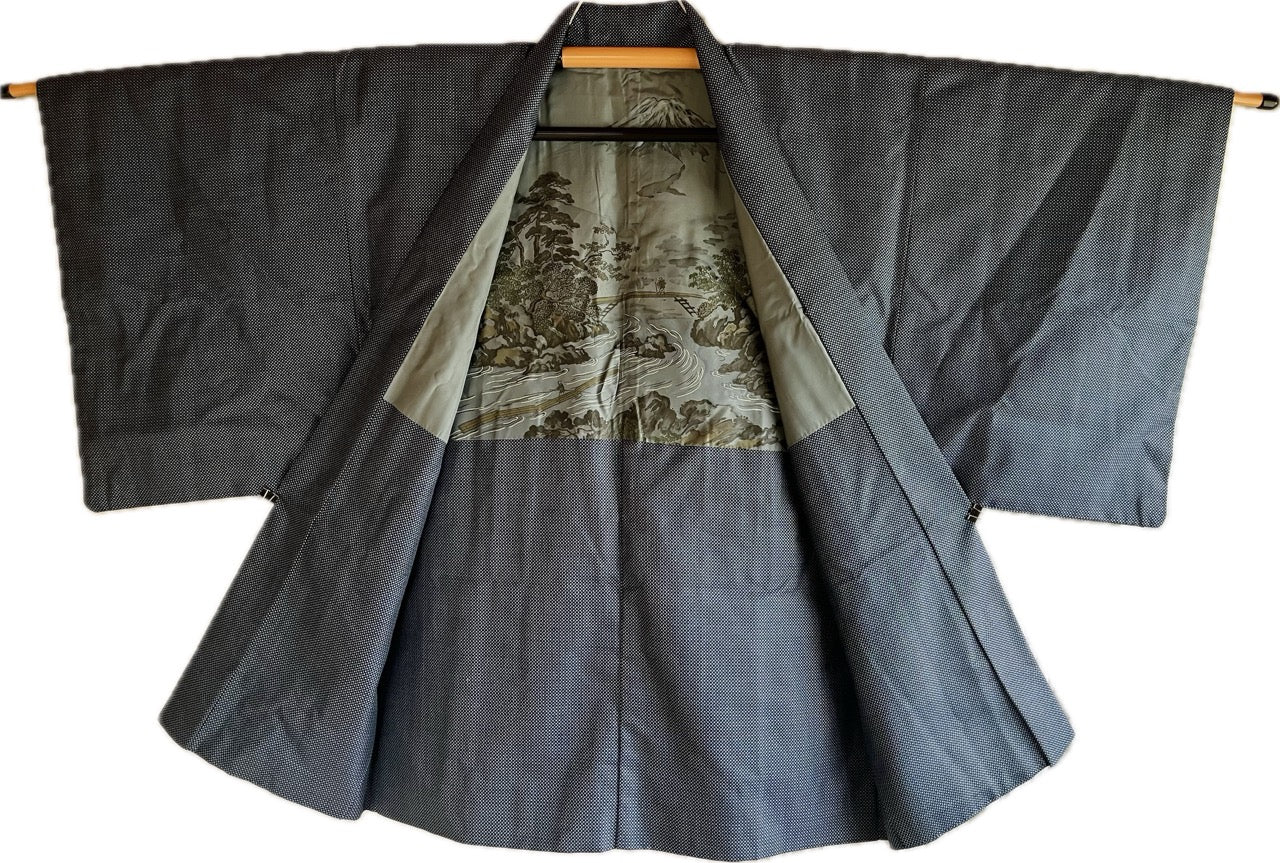 Japanese Men's Haori Blue Silk with Mount Fuji and River View