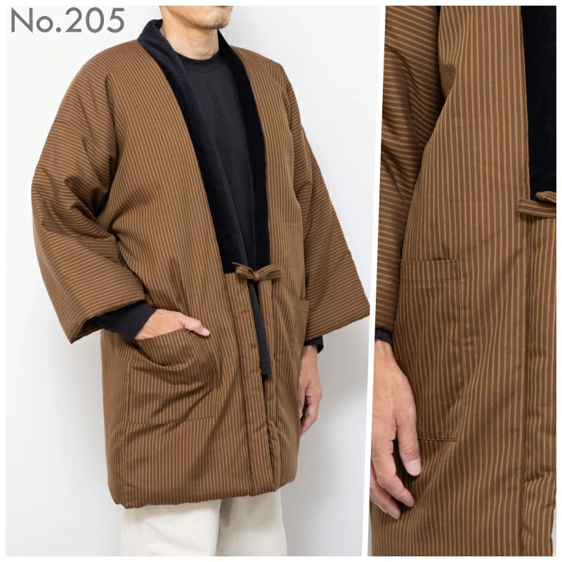 Japanese Padded Hanten Coat No.205 – Brown Vertical Pinstripe Jacket 2L– Made in Japan
