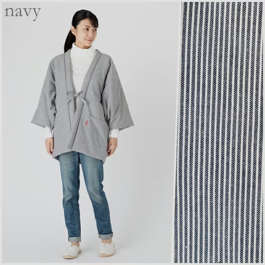 Japanese Women’s Hanten Jacket Navy Hickory Stripes Quilted Winter Coat Made in Japan
