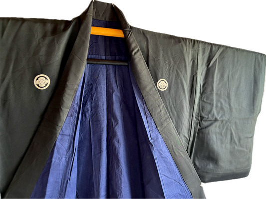 Men's Antique Japanese Samurai Kimono Black Silk Mokkou Montsuki