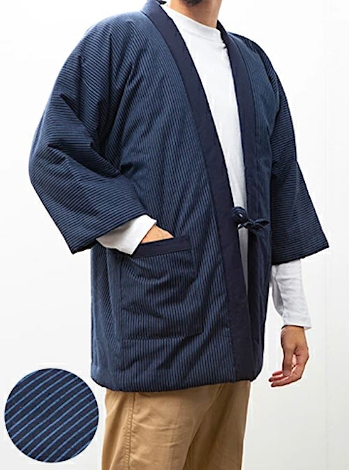 Men’s Japanese Padded Hanten “Hosojima Kon” Navy Fine Pinstripes Made in Japan
