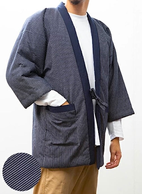 Men’s Japanese Padded Hanten – “Hosojima White” | Fine Pinstripes | Made in Japan
