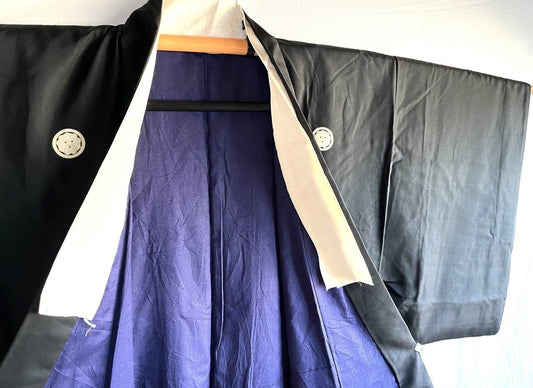 Men's Antique Kimono Set – Kenkatabami Montsuki + Black Silk Obi