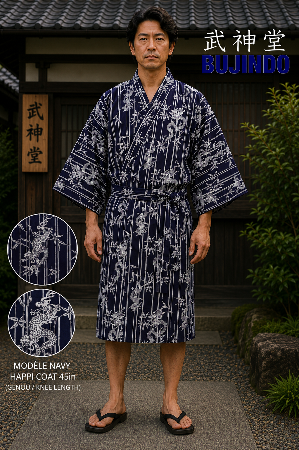 Men’s Japanese Yukata Take Ryu Navy Cotton Bamboo & Dragon Made in Kyoto ,Japan