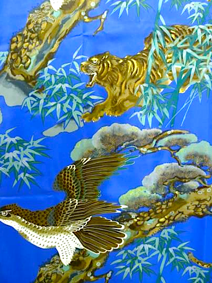 Men’s Happi Tora Washi – Navy Blue Polyester Short Kimono Tiger Eagle Design