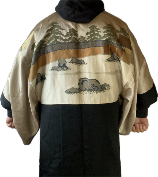 Men's Japanese Haori Black Silk Umebachi Montsuki Zen Garden of Ryoanji Temple, Kyoto