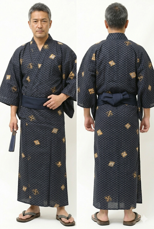 Men’s Japanese Yukata “Diamond Script” (Hishimoji) Pattern Made in Kyoto Japan