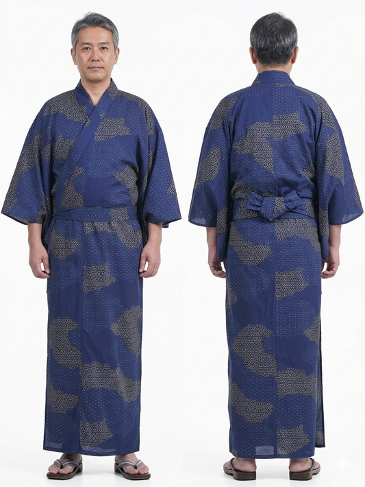 Men’s Japanese Yukata Kumo Tori Komon Pattern Made in Kyoto Japan