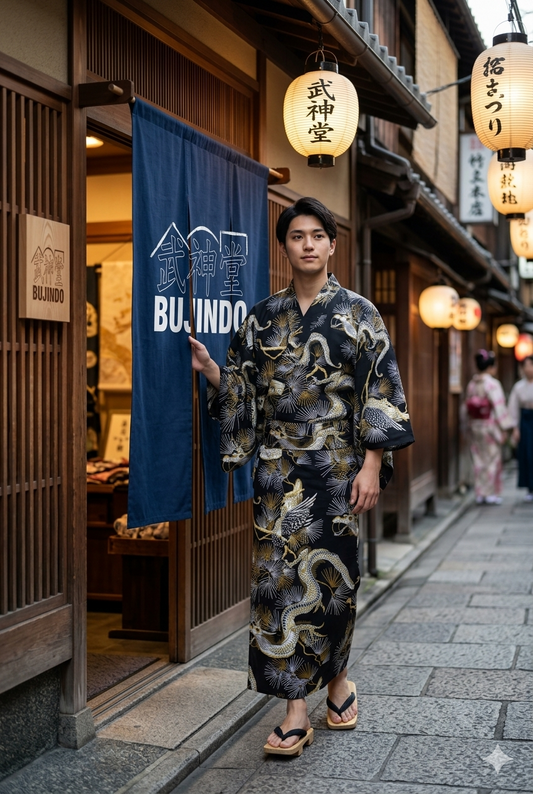 Men’s Japanese Yukata – Pine & Dragon (Matsu & Ryū) Pattern Made in Kyoto Japan