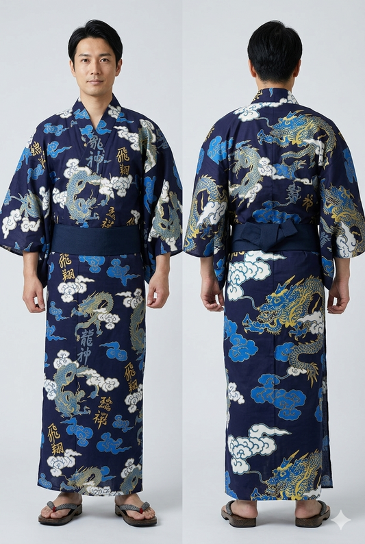 Men’s Japanese Yukata “UnRyū Moji” Dragon & Cloud Pattern Made in Kyoto Japan