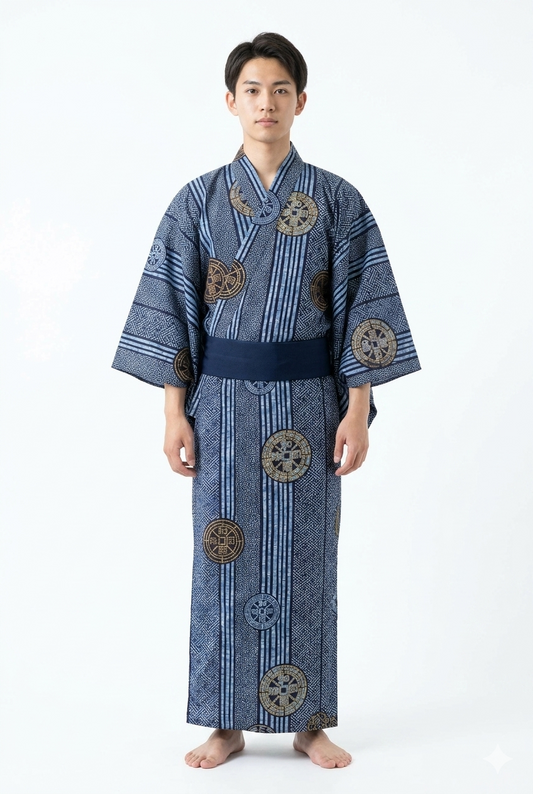 Men’s Japanese Yukata “Wadōkaichin” Ancient Coins Pattern Made in Kyoto Japan