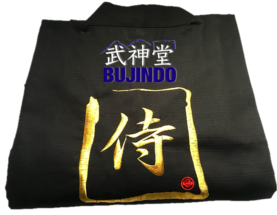 Men's Japanese Kimono "SAMURAI" – Black Cotton Shantung with Embroidered Kanji