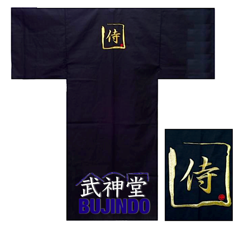 Men's Japanese Kimono "SAMURAI" – Black Cotton Shantung with Embroidered Kanji