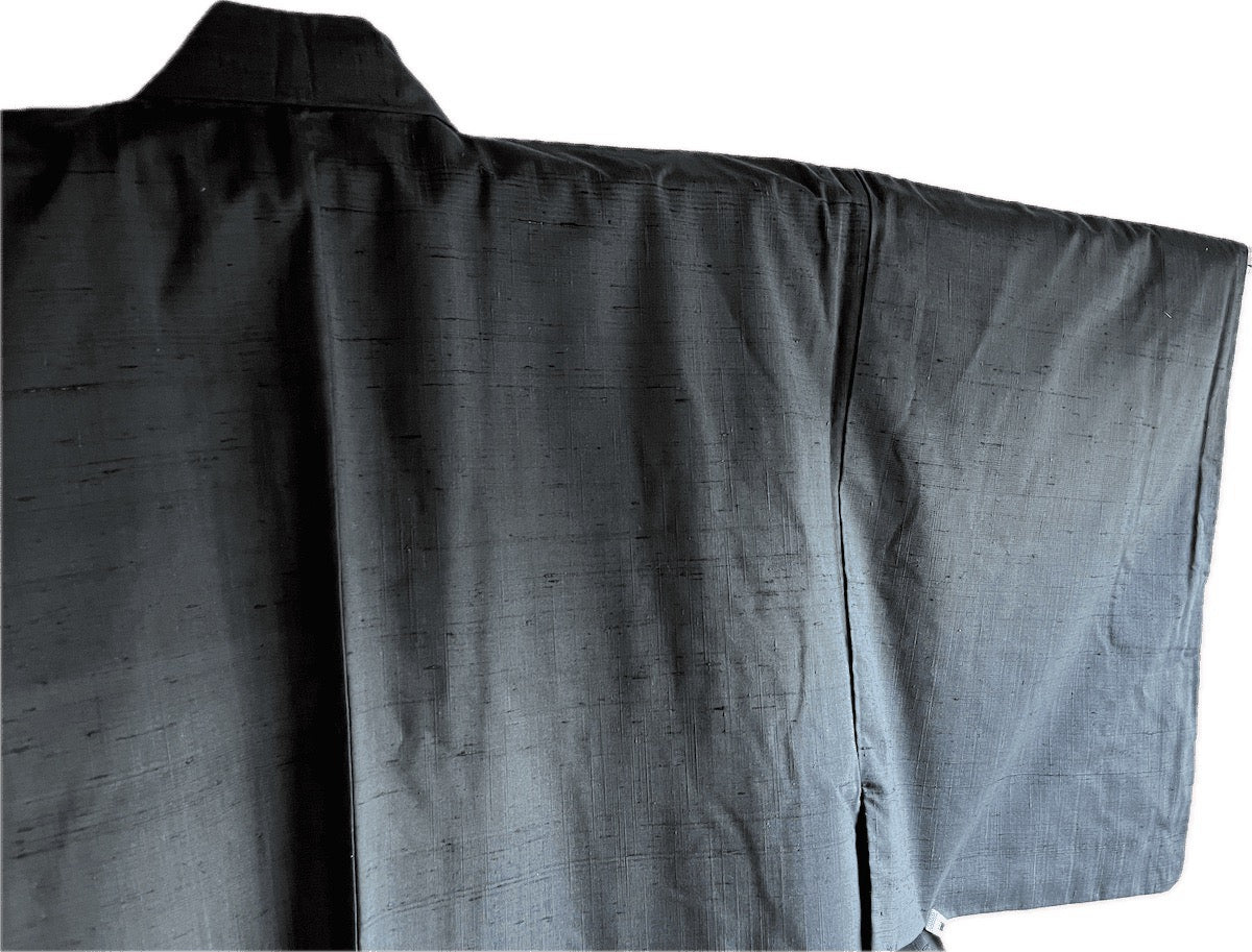 Men’s Traditional Japanese Kimono – Green-Blue Tsumugi Silk with Purple Lining