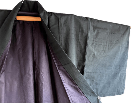 Men’s Traditional Japanese Kimono – Green-Blue Tsumugi Silk with Purple Lining