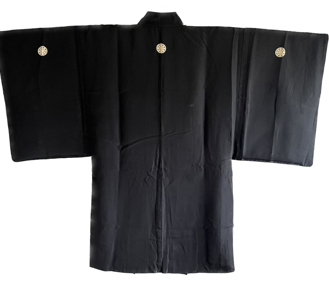Men’s Vintage Haori Black SilK Samurai Crest Botan Kuyo
