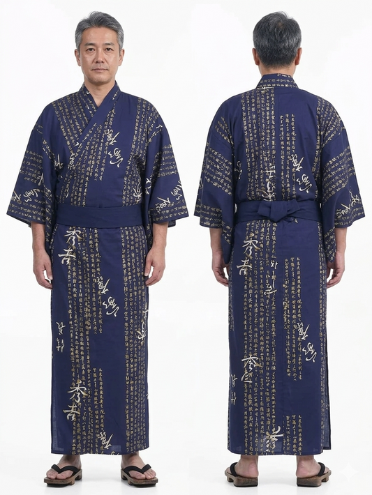 Men’s Japanese Yukata “Great Shogun” Calligraphy Pattern Made in Kyoto, Japan