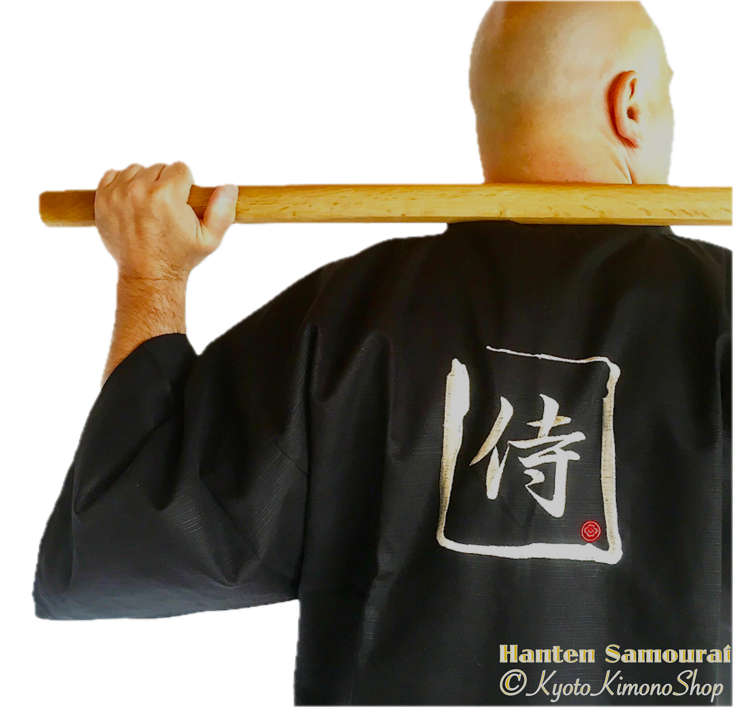 Samurai Happi Coat Jacket Black Cotton with Embroidered Kanji Made in Kyoto Japan