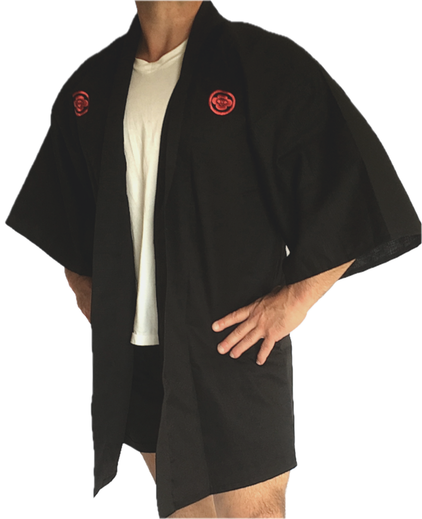 Samurai Happi Coat Jacket Black Cotton with Embroidered Kanji Made in Kyoto Japan