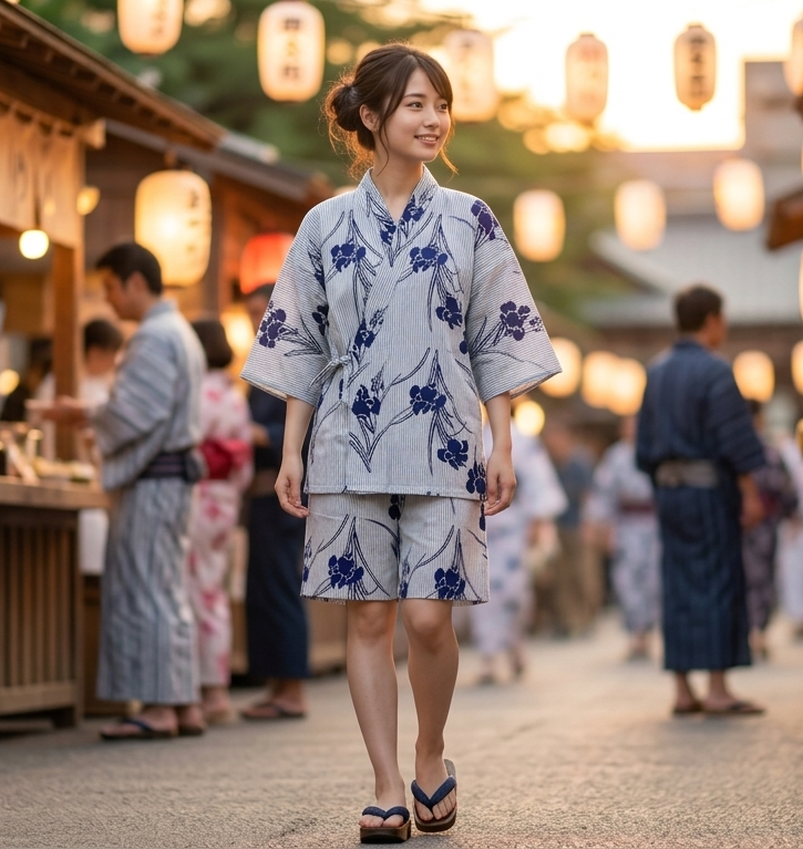 Women’s Jinbei “Ayame” – Iris & Stripe Cotton Jinbei Made in Japan