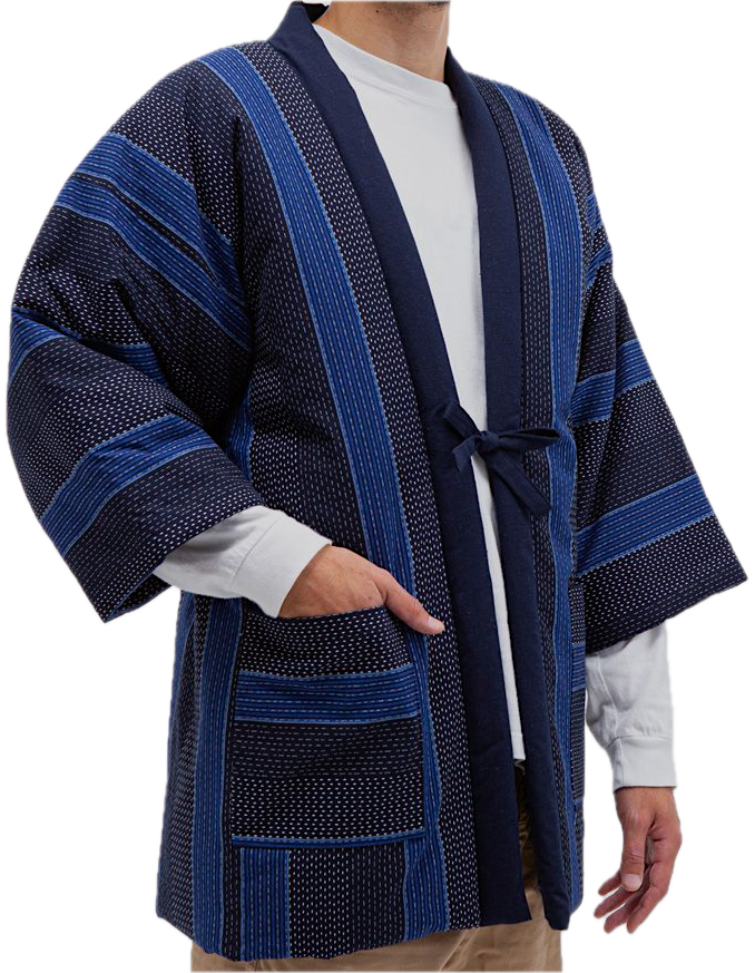 Hanten Dobi Strip Sashiko Winter Jacket for Men Free Size- Made in Japan