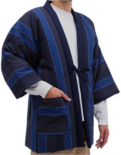Hanten Dobi Strip Sashiko Winter Jacket for Men Free Size- Made in Japan