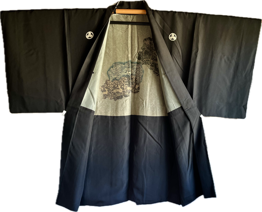 Antique Japanese Haori Black Silk Montsuki with Mitsukashiwa Crests and Hunting Scene