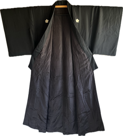 Antique Japanese Formal Kimono Black Habutae Silk with 5 Ume Kamon Crests