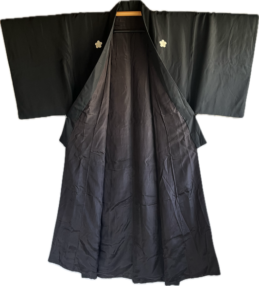 Antique Japanese Formal Kimono Black Habutae Silk with 5 Ume Kamon Crests