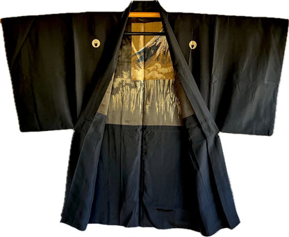 Antique Japanese Haori Men’s Black Silk Sagarifuji Montsuki - Fuji Waterfall