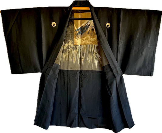 Antique Japanese Haori Men’s Black Silk Sagarifuji Montsuki - Fuji Waterfall